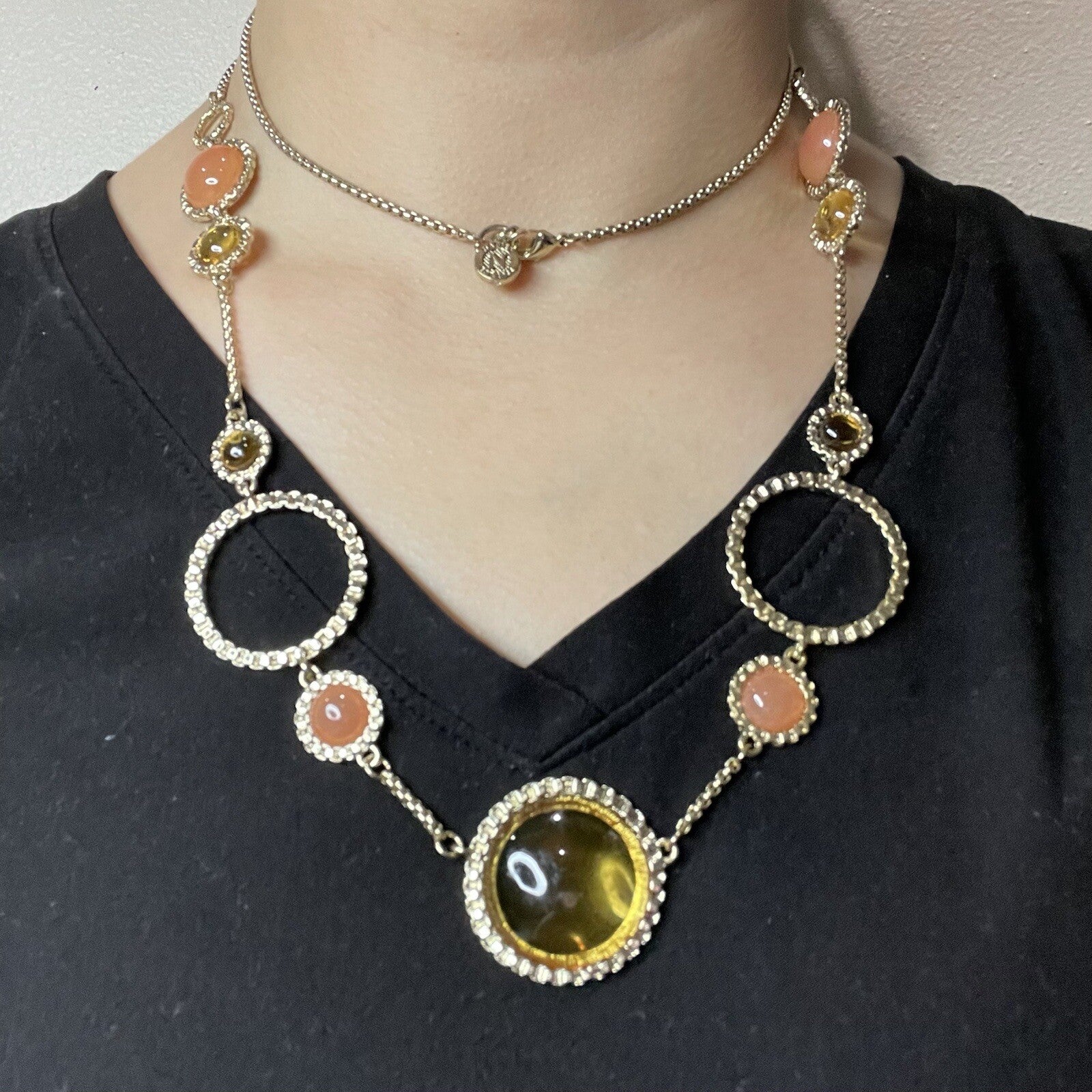 Napier Women's Fashion Jewelry Long Amber Peach Stone Necklace with Gold Chain