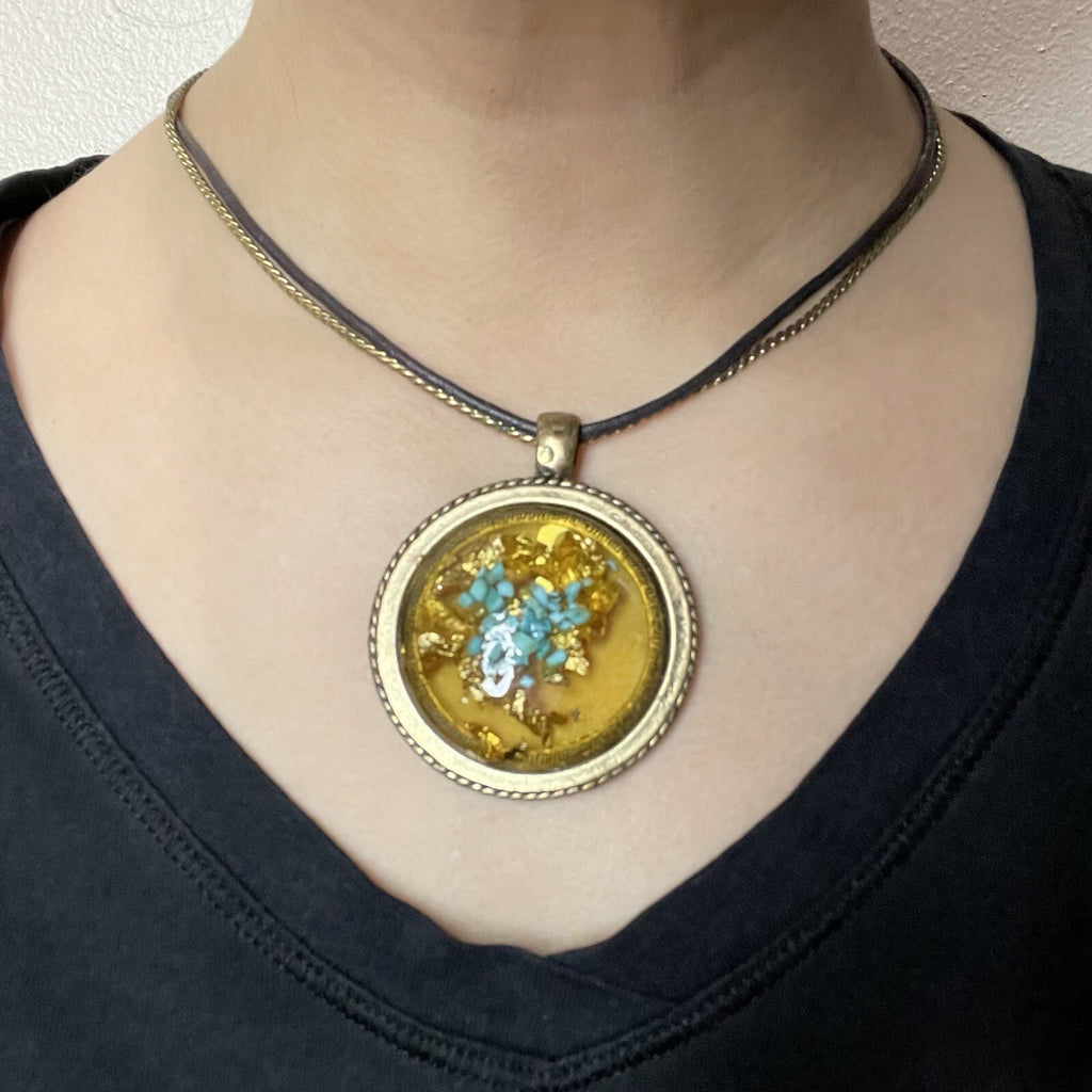 Laura Ashley Women's Fashion Jewelry Turquoise & Gold Flakes Medallion Necklace