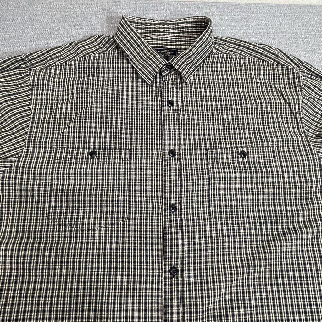 Nautica Jeans Co. Men's XXL (2XL) Black Tan Plaid Long Sleeve Button Up Shirt
