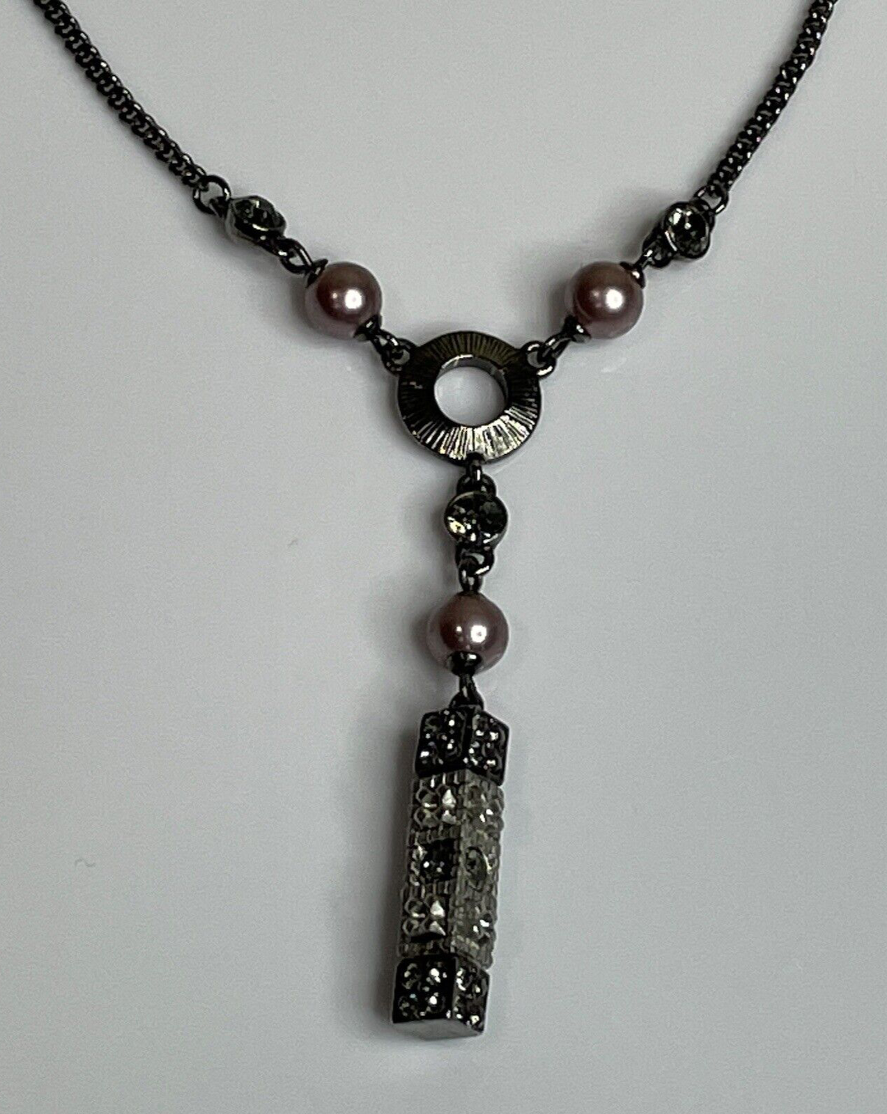 Women's Fashion Jewelry Silver Detailed Long Block Bar Necklace Onyx Color Chain