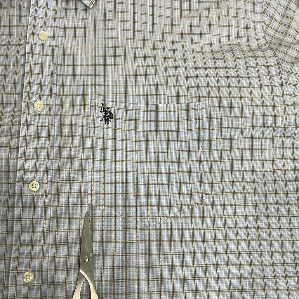 U.S. Polo Assn. Men's XL Light Blue Tan Plaid Long Sleeve Button Up Dress Shirt