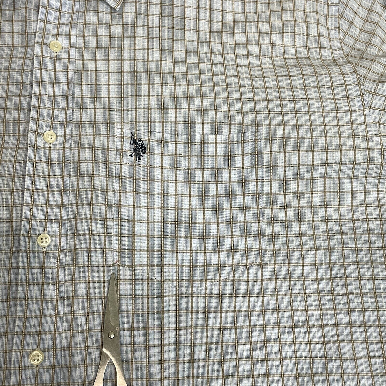 U.S. Polo Assn. Men's XL Light Blue Tan Plaid Long Sleeve Button Up Dress Shirt