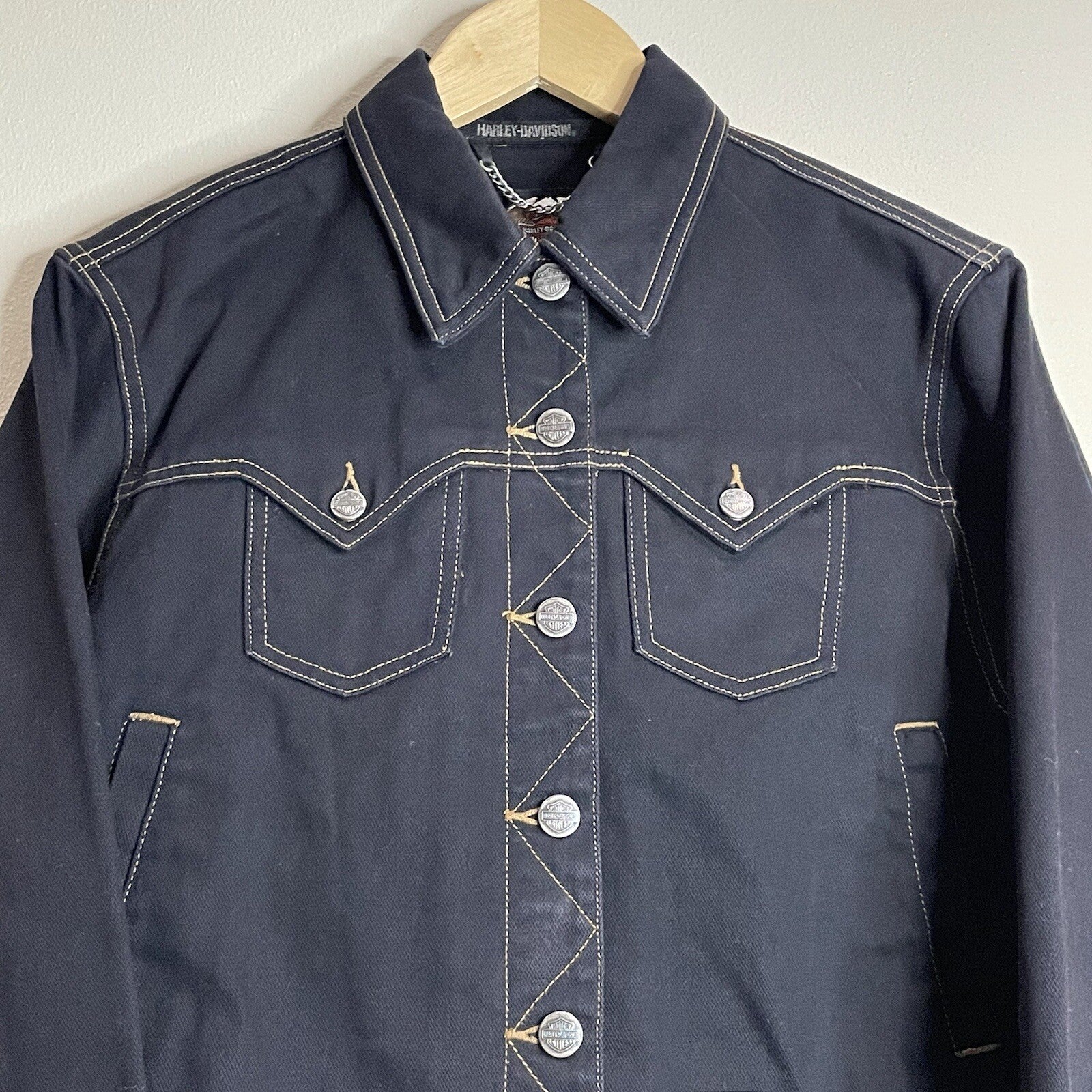 Harley-Davidson Women's Size Small Black Denim Cropped Button Up Jacket