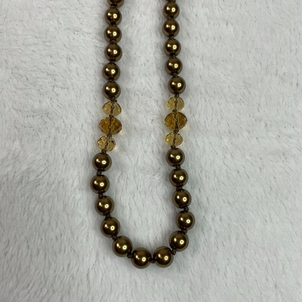 Women’s Fashion Jewelry Gold Tone & Amber Beaded Long Necklace w/Earrings
