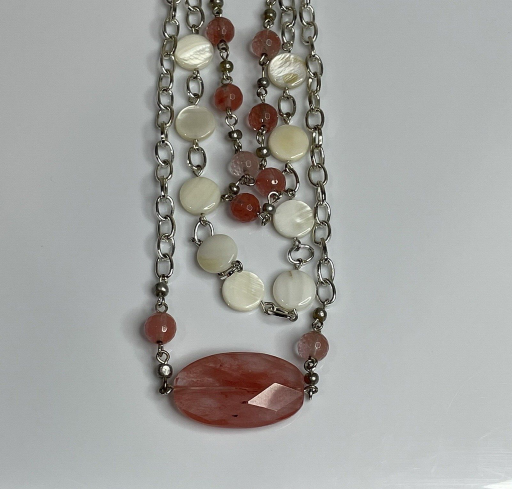 Women's Fashion Jewelry Pink White Beaded Necklace with Silver Chain