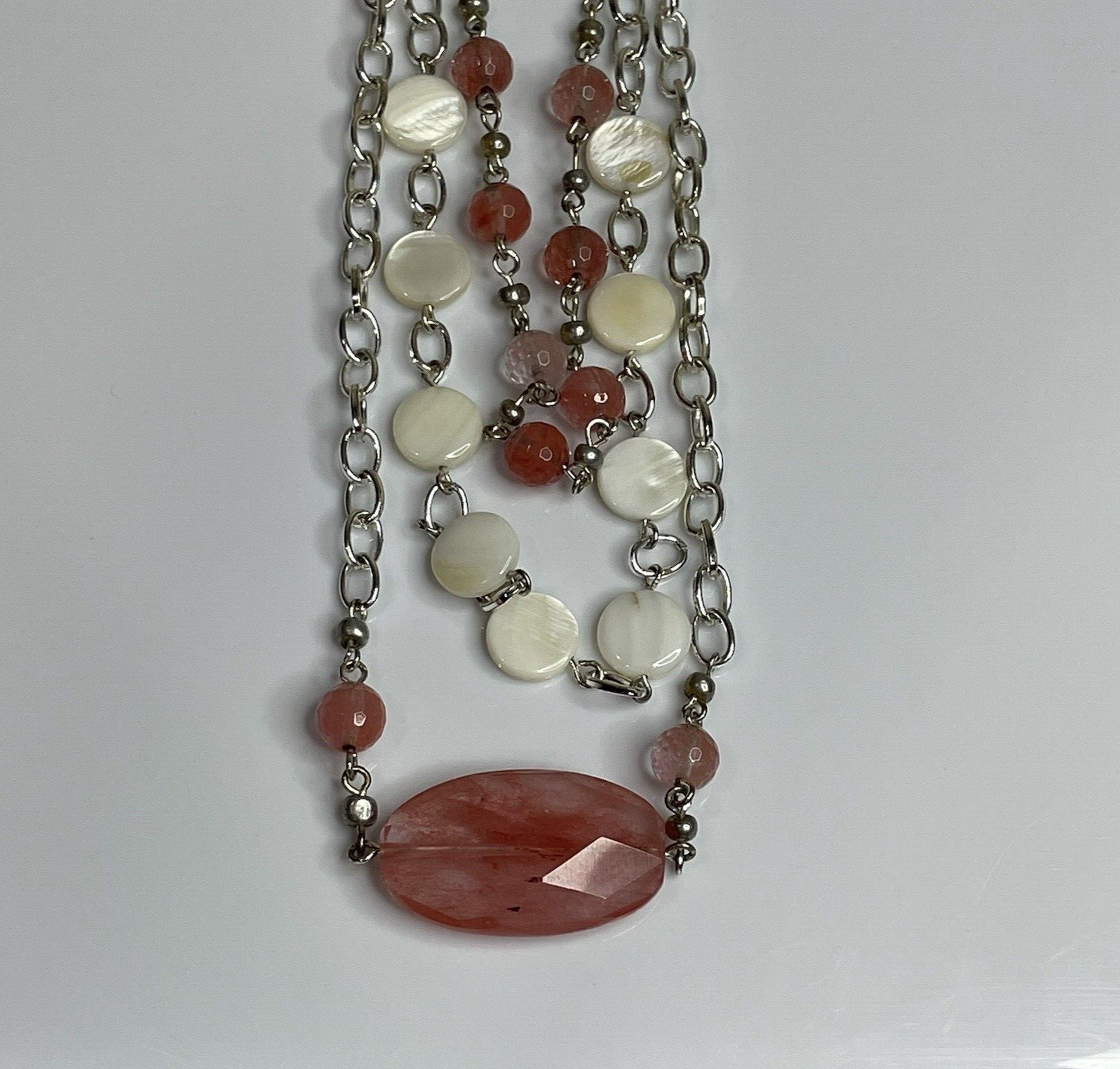 Women's Fashion Jewelry Pink White Beaded Necklace with Silver Chain