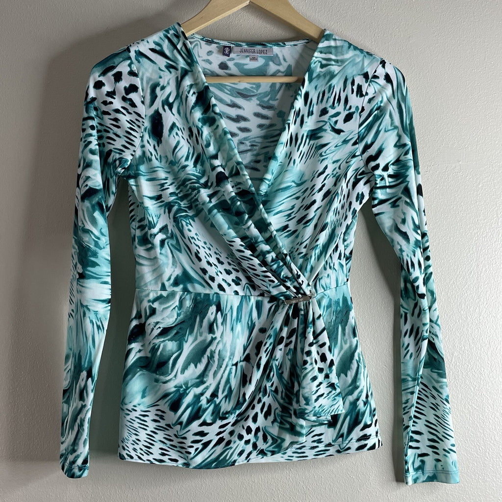 Jennifer Lopez Women’s Size XS Green Animal Print  V-Neck Long Sleeve Top