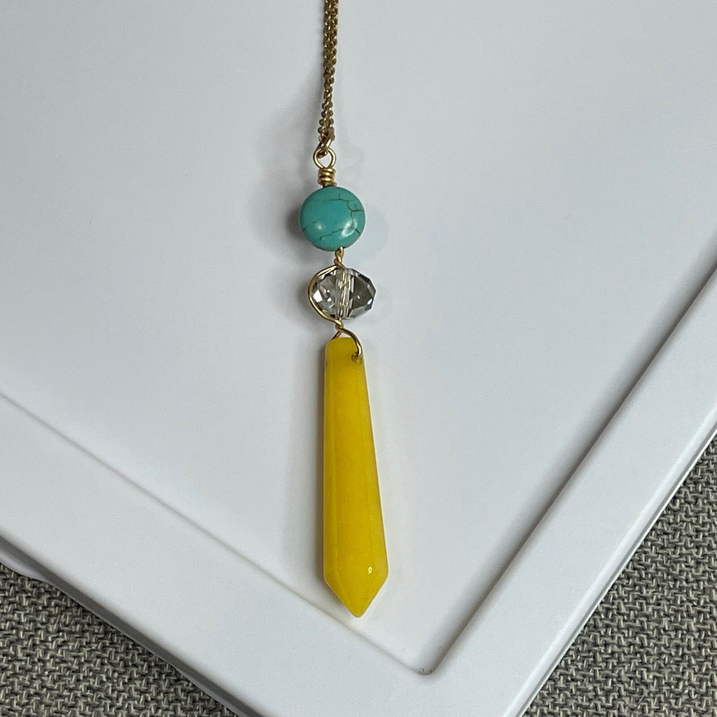 Canvas Women's Fashion Jewelry Long Necklace Yellow & Blue Stone with Gold Chain