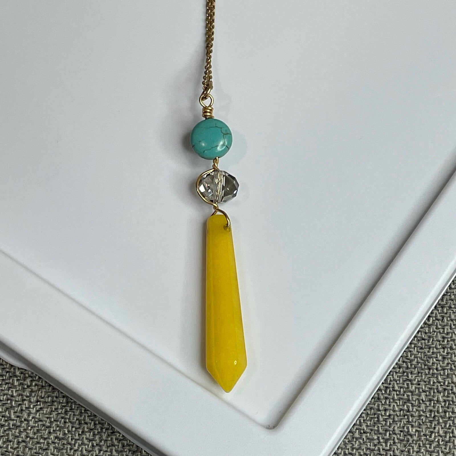 Canvas Women's Fashion Jewelry Long Necklace Yellow & Blue Stone with Gold Chain