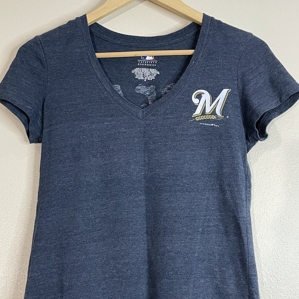 MLB Women's Size (Small) Medium Milwaukee Brewers Blue Logo Wording T-Shirt