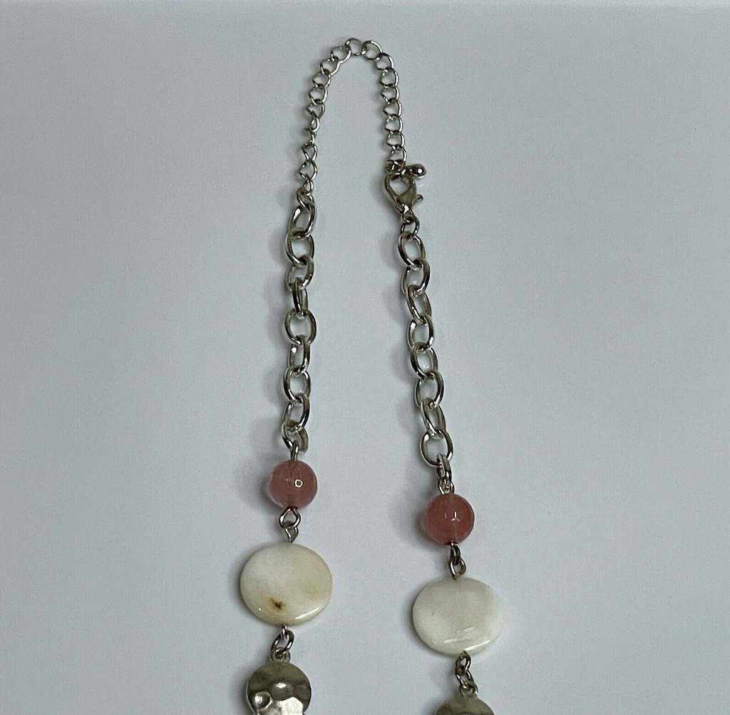 Women's Fashion Jewelry Pink White Beaded Necklace with Silver Chain