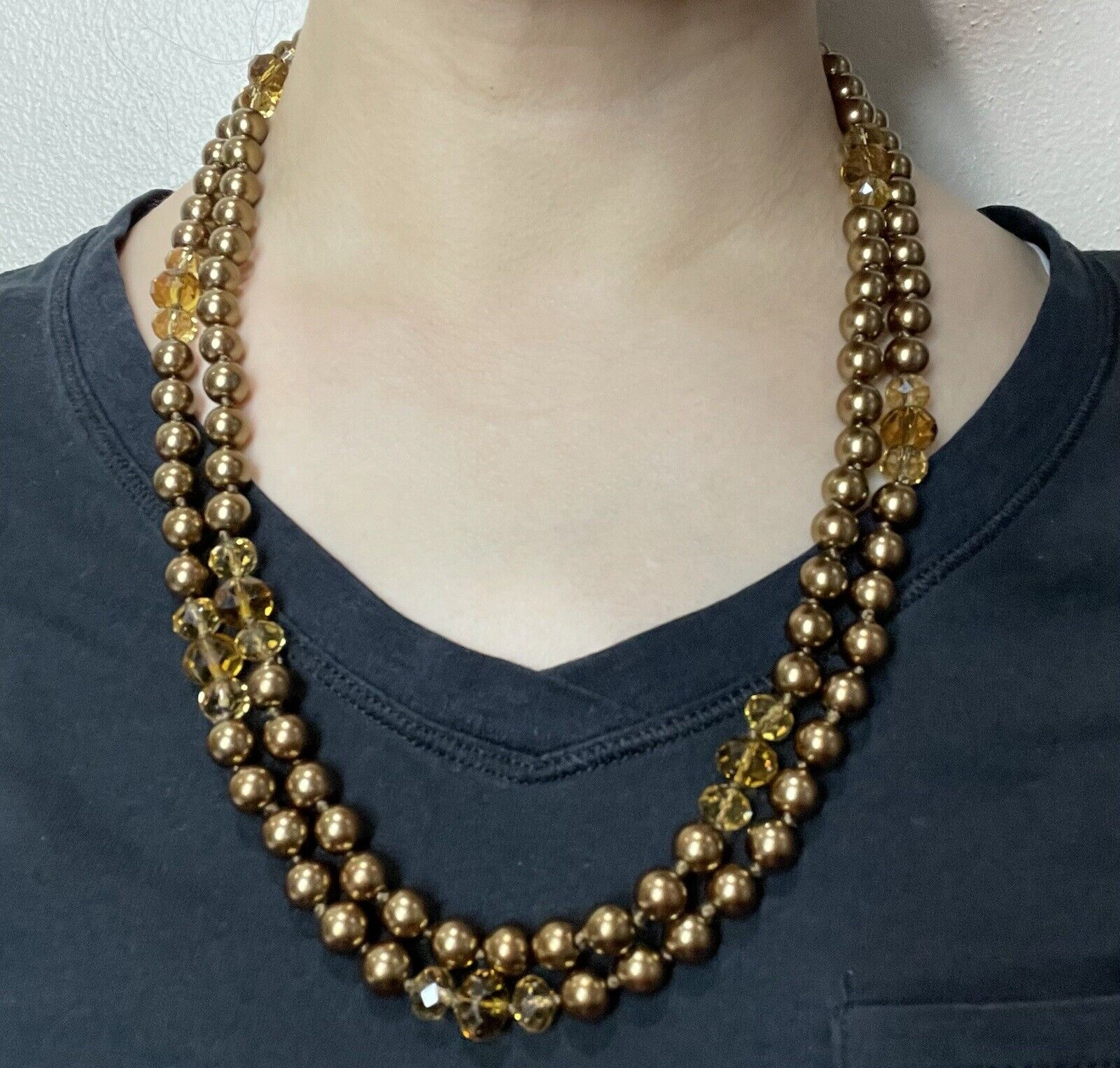Women’s Fashion Jewelry Gold Tone & Amber Beaded Long Necklace w/Earrings