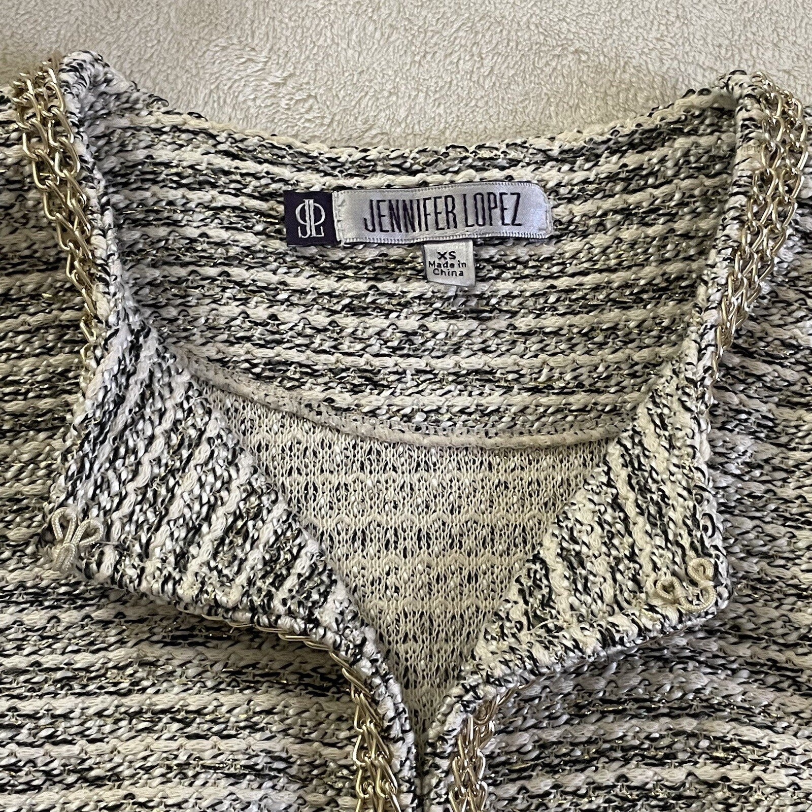 Jennifer Lopez Women’s Size XS Ivory Knit Sweater/Jacket with Chain Link Detail