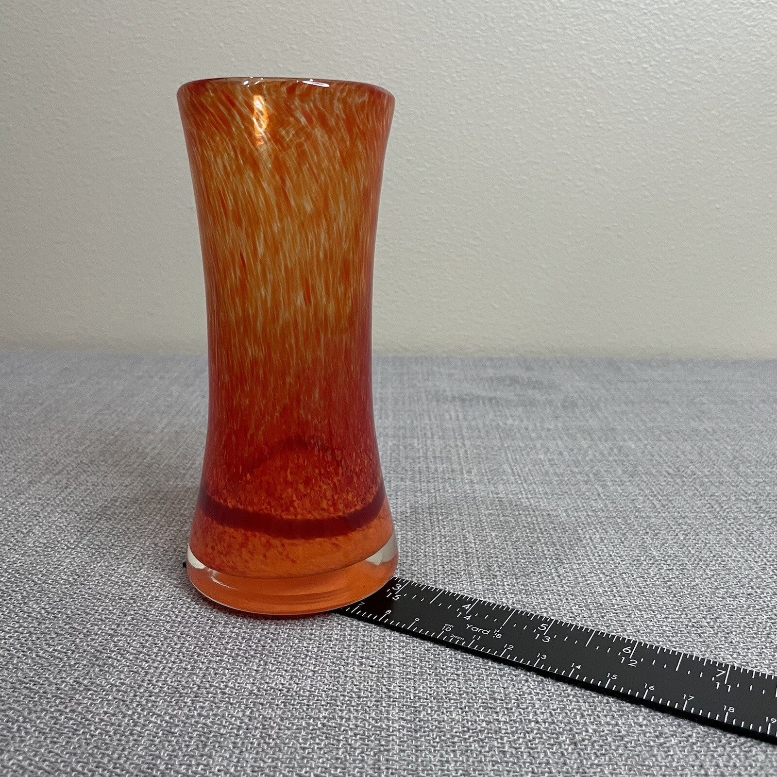 Small Decorative Art Blown Glass Orange Tall Vase Holder Round Base