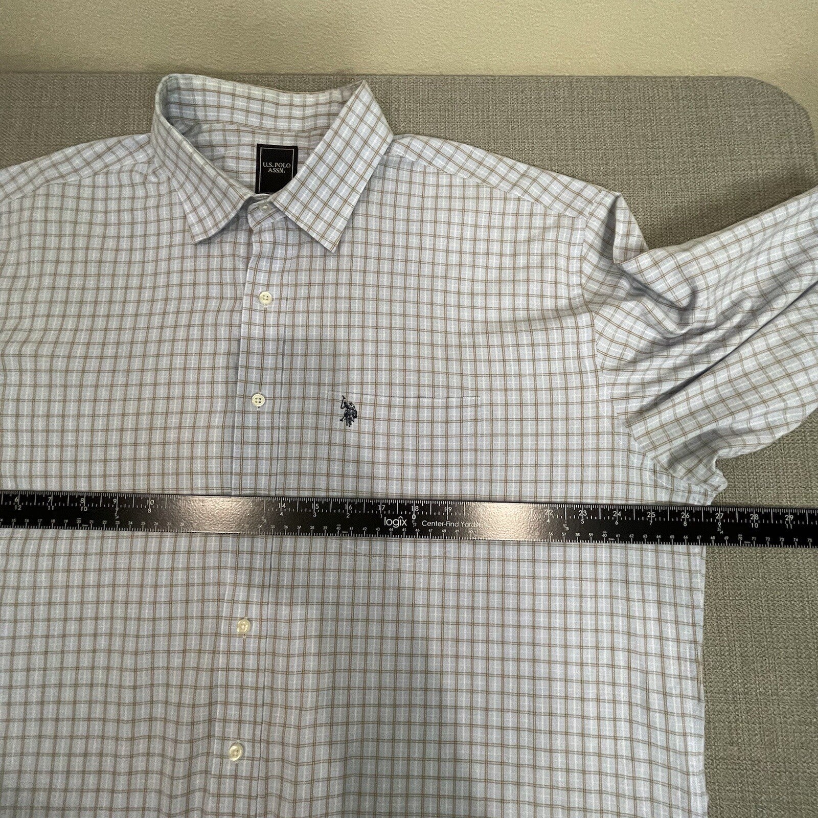 U.S. Polo Assn. Men's XL Light Blue Tan Plaid Long Sleeve Button Up Dress Shirt