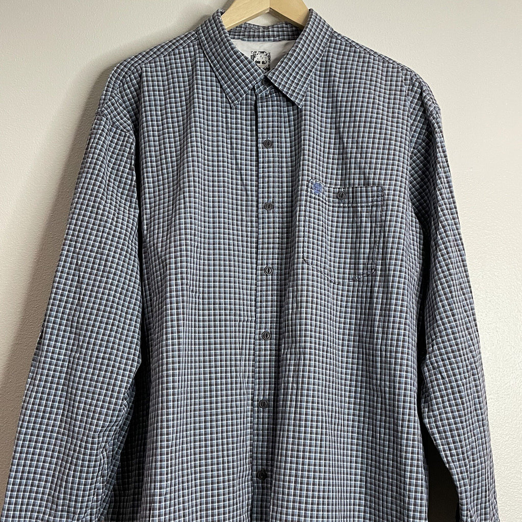 Timberland Men's XXL (2XL) Brown Blue Plaid Long Sleeve Button Up Dress Shirt