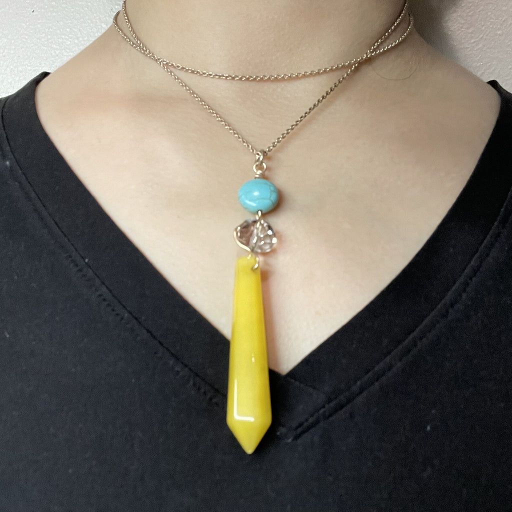 Canvas Women's Fashion Jewelry Long Necklace Yellow & Blue Stone with Gold Chain