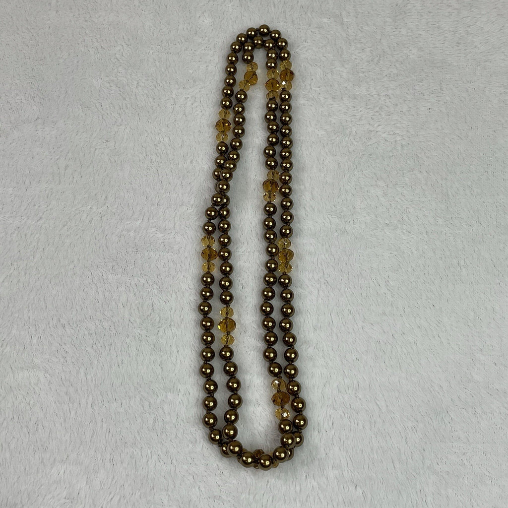 Women’s Fashion Jewelry Gold Tone & Amber Beaded Long Necklace w/Earrings
