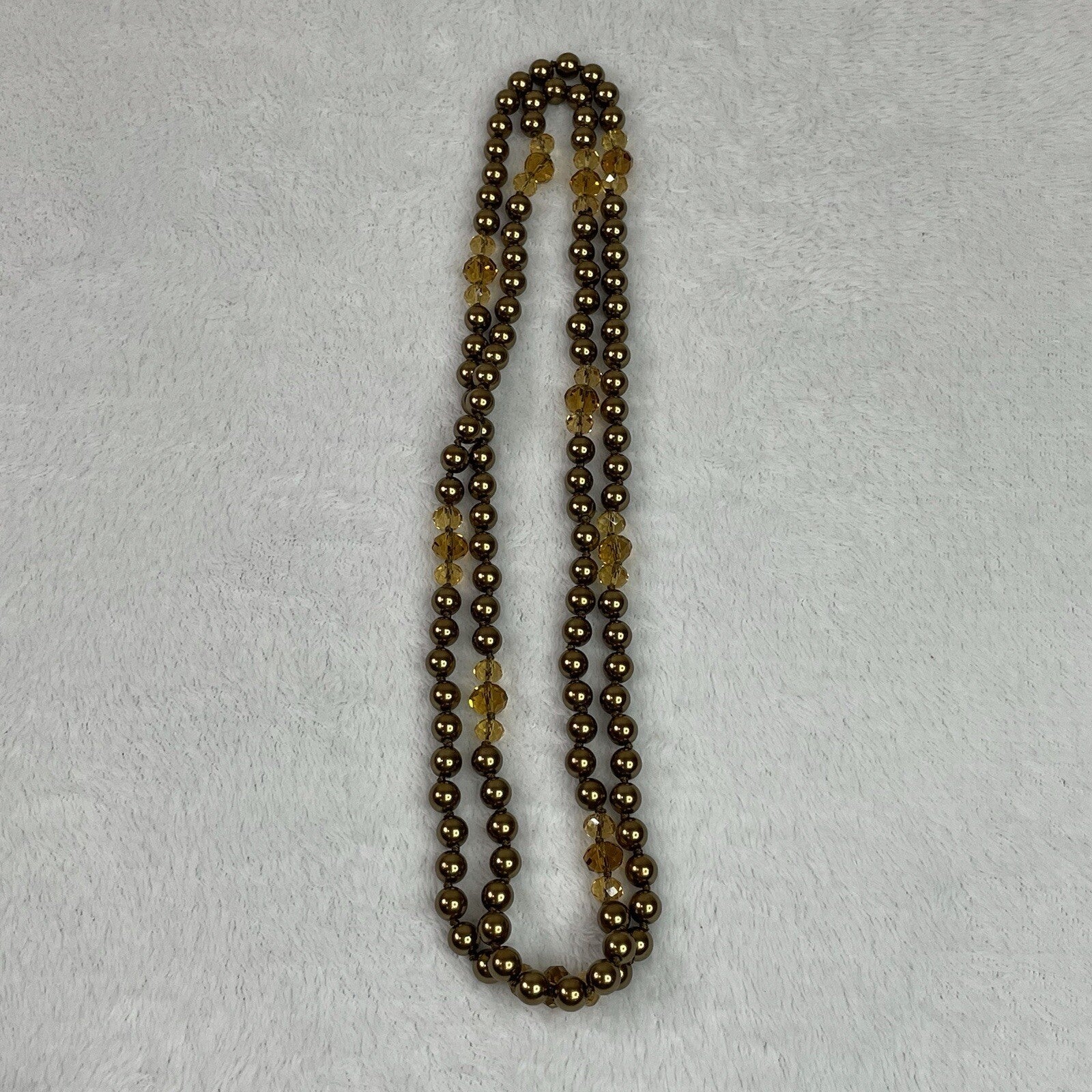Women’s Fashion Jewelry Gold Tone & Amber Beaded Long Necklace w/Earrings