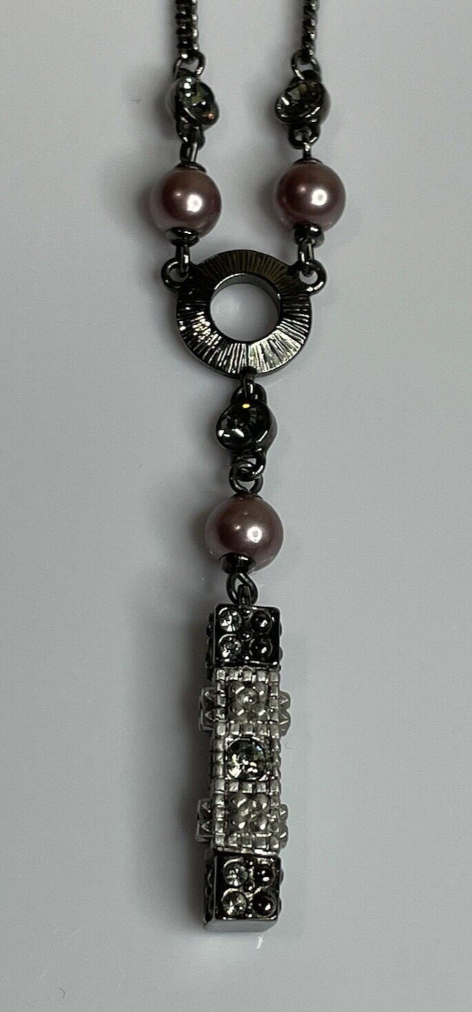 Women's Fashion Jewelry Silver Detailed Long Block Bar Necklace Onyx Color Chain