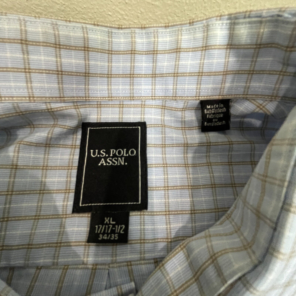 U.S. Polo Assn. Men's XL Light Blue Tan Plaid Long Sleeve Button Up Dress Shirt