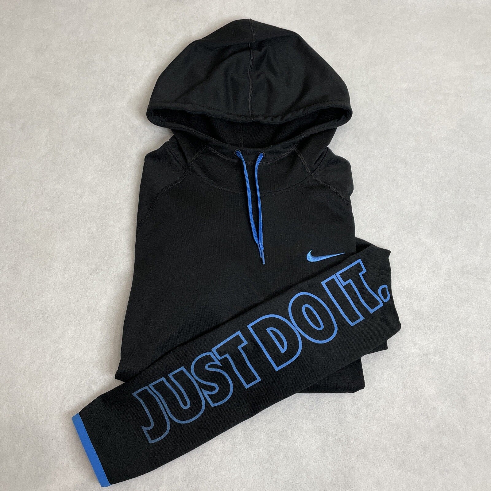 NIKE Women’s Just Do It Black/Blue Hoodie With Embroidered Logo Size Large