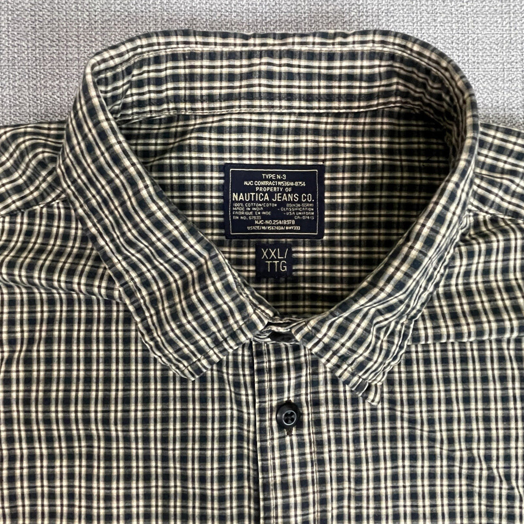 Nautica Jeans Co. Men's XXL (2XL) Black Tan Plaid Long Sleeve Button Up Shirt