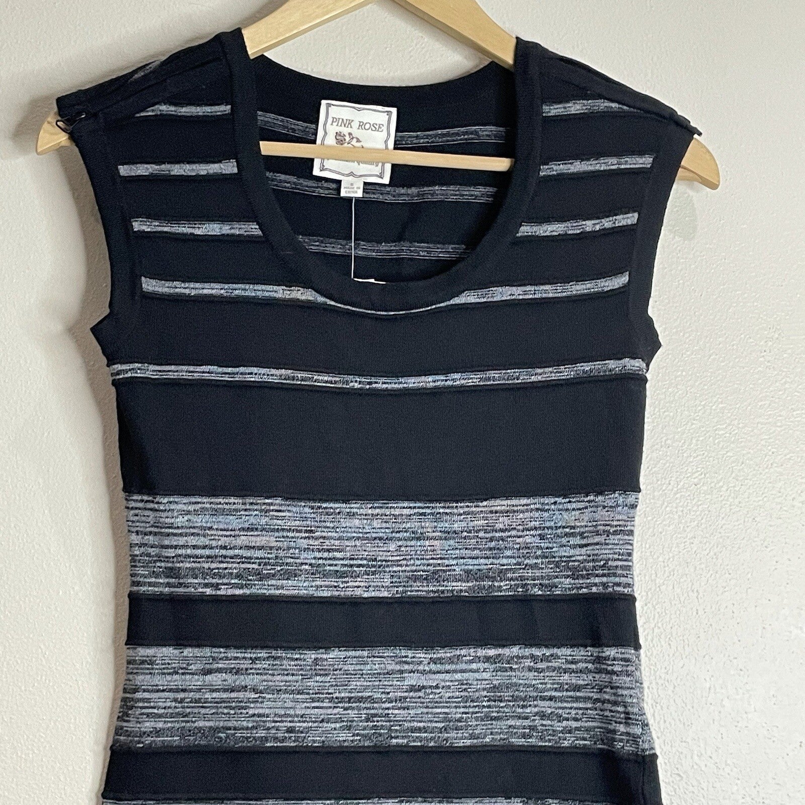 NWT Pink Rose Women's Size Small Black Gray Striped Sleeveless Mini Dress