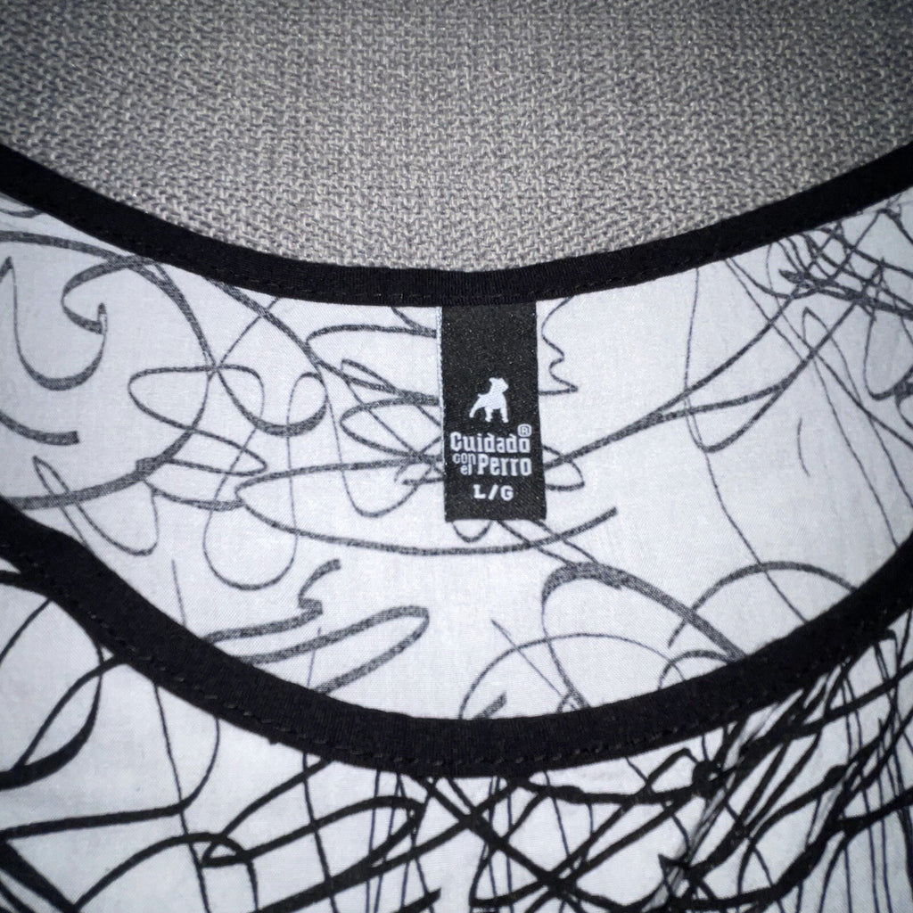 Cuidado Con El Perro Women's Size Large Black & White Scribble Crop Tank Top