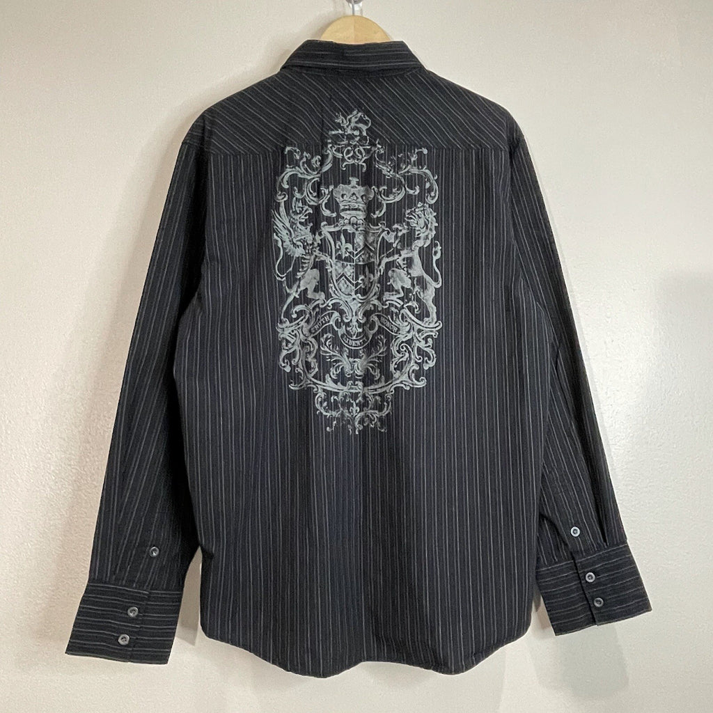 Level Ten Men XXL Black Striped Long Sleeve Button Up Shirt with Back Design 2XL