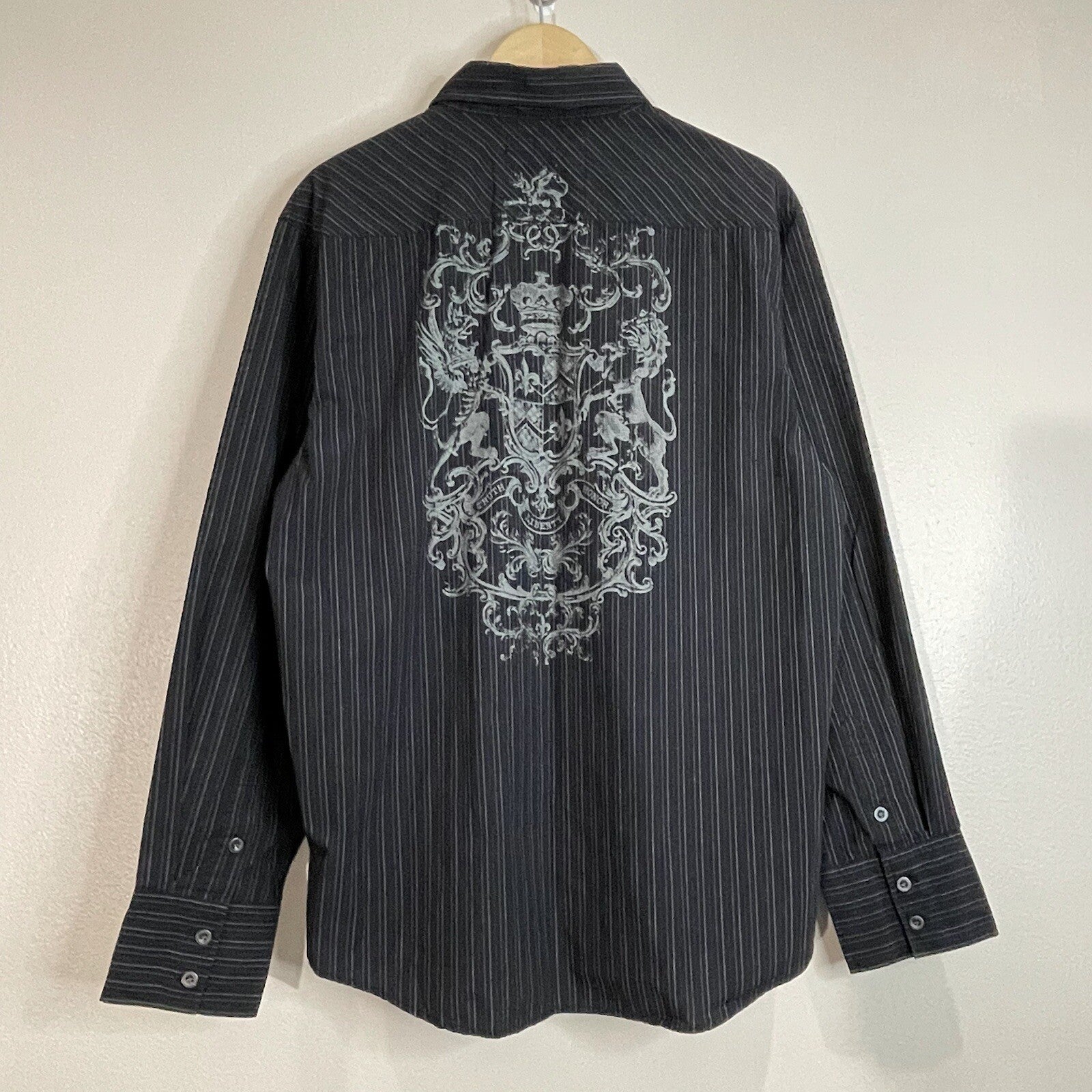 Level Ten Men XXL Black Striped Long Sleeve Button Up Shirt with Back Design 2XL