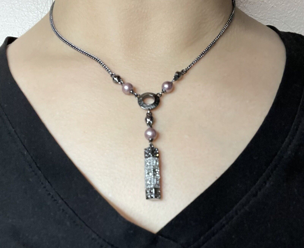Women's Fashion Jewelry Silver Detailed Long Block Bar Necklace Onyx Color Chain