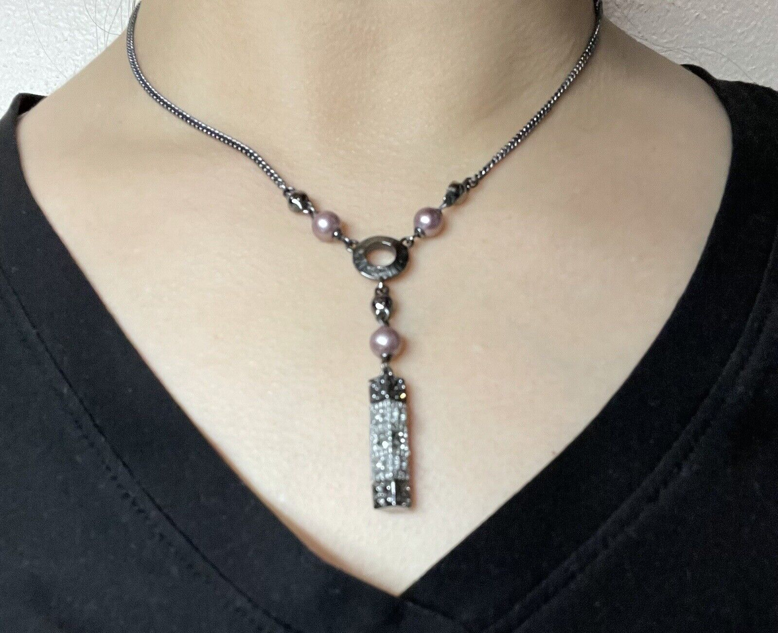 Women's Fashion Jewelry Silver Detailed Long Block Bar Necklace Onyx Color Chain