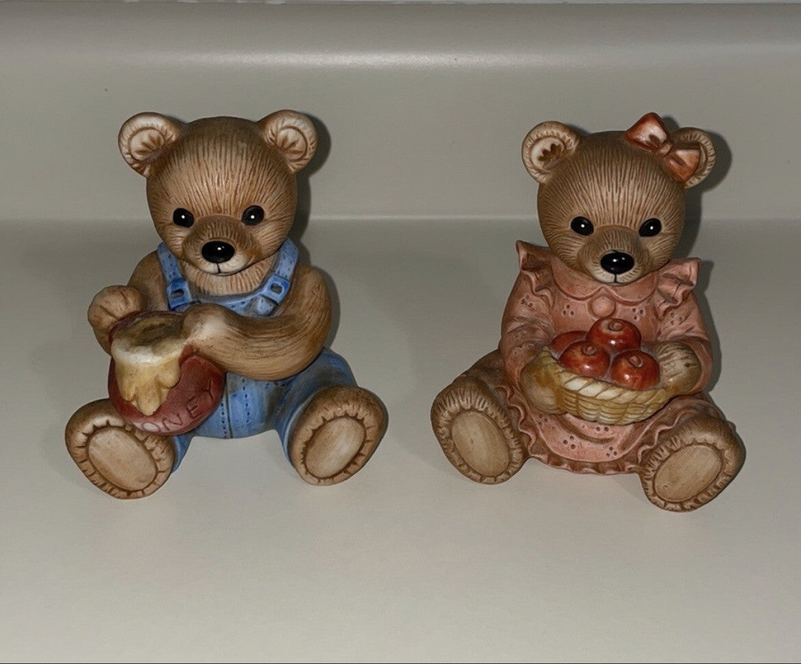 Homco (#1425) Set of 2 Decorative Bear Figurines / Honey & Apples / Fall Decor