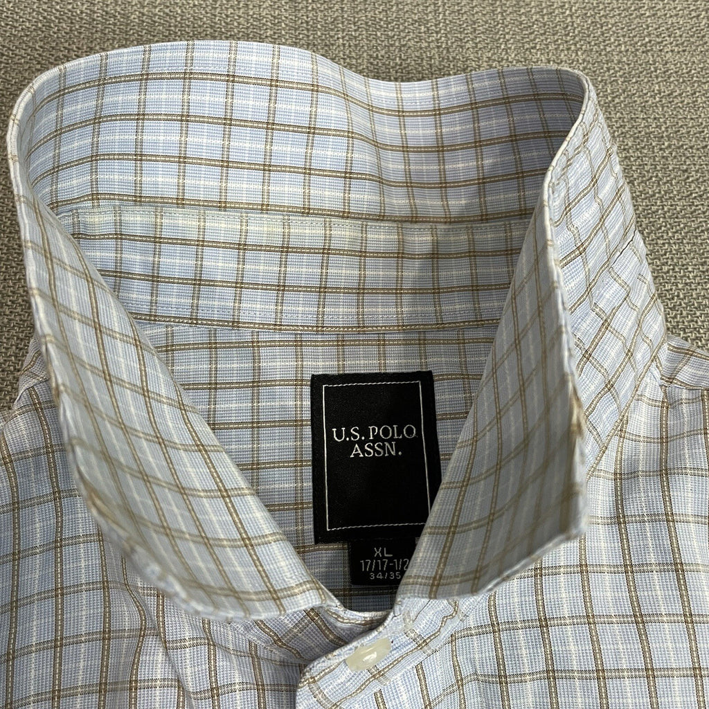 U.S. Polo Assn. Men's XL Light Blue Tan Plaid Long Sleeve Button Up Dress Shirt