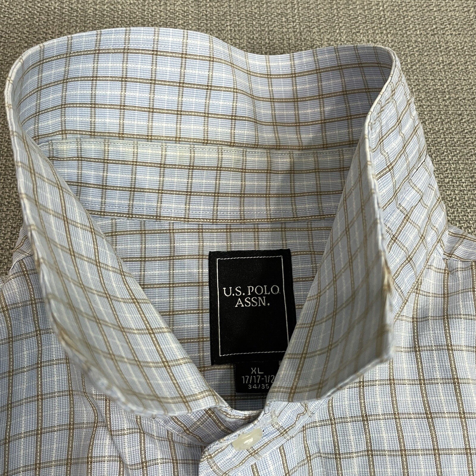 U.S. Polo Assn. Men's XL Light Blue Tan Plaid Long Sleeve Button Up Dress Shirt