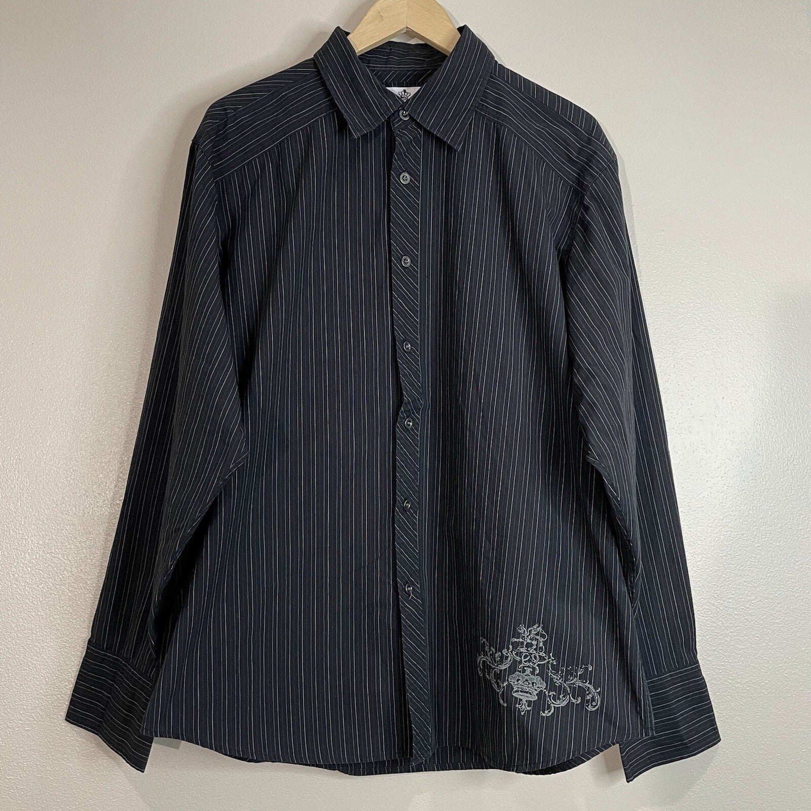 Level Ten Men XXL Black Striped Long Sleeve Button Up Shirt with Back Design 2XL