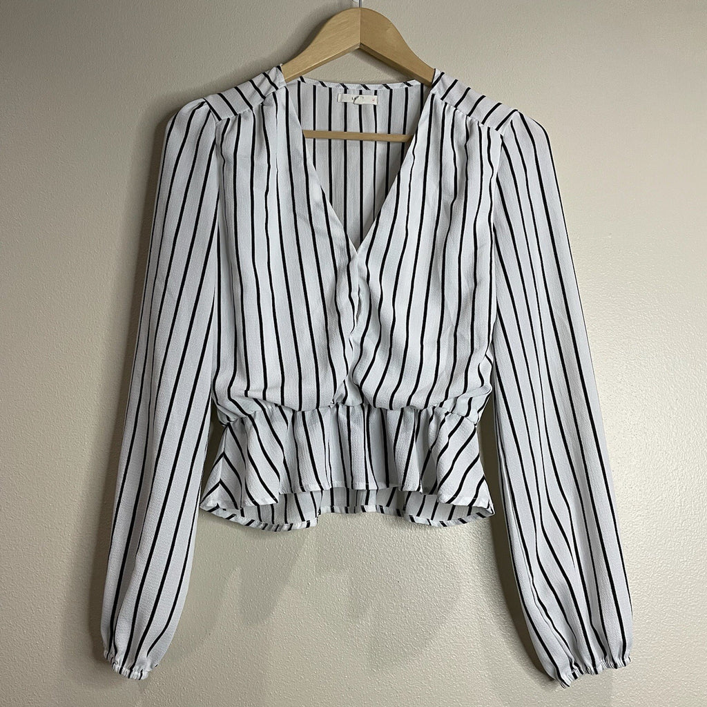 Le Lis Women's Size Small White Black Striped Long Sleeve Blouse