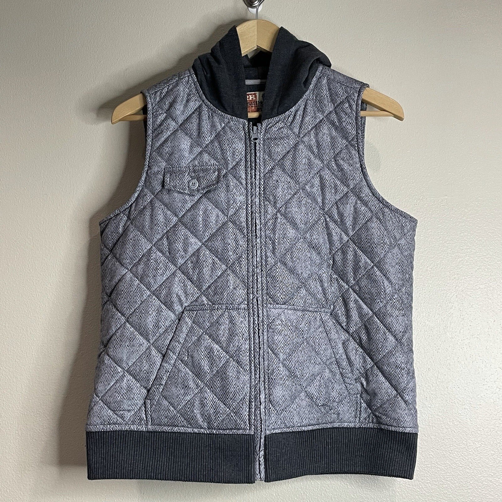 Ruff Hewn Women's Size PL (Petite Large) Quilted Gray Hoodie Vest w/Pockets