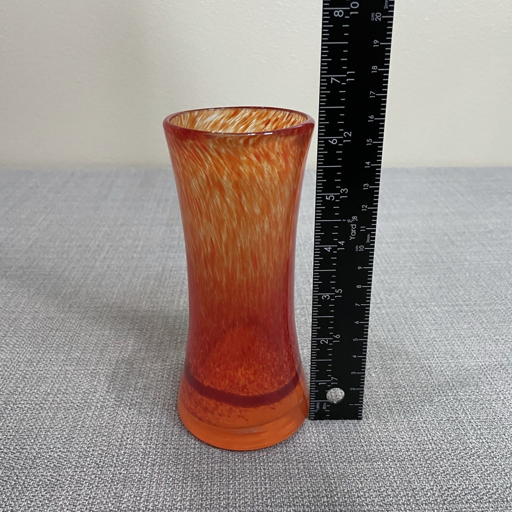 Small Decorative Art Blown Glass Orange Tall Vase Holder Round Base