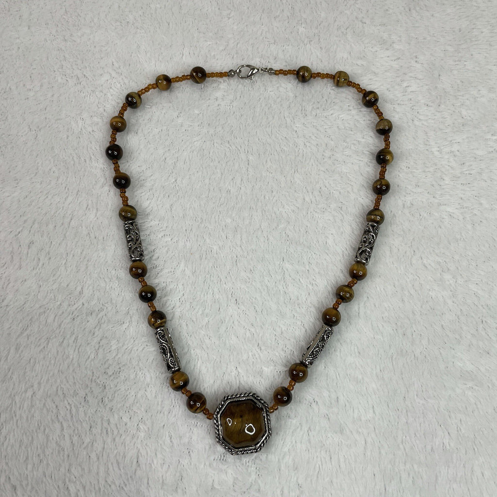 Women’s Fashion Jewelry Brown Beaded Gemstone Necklace w/Matching Earrings