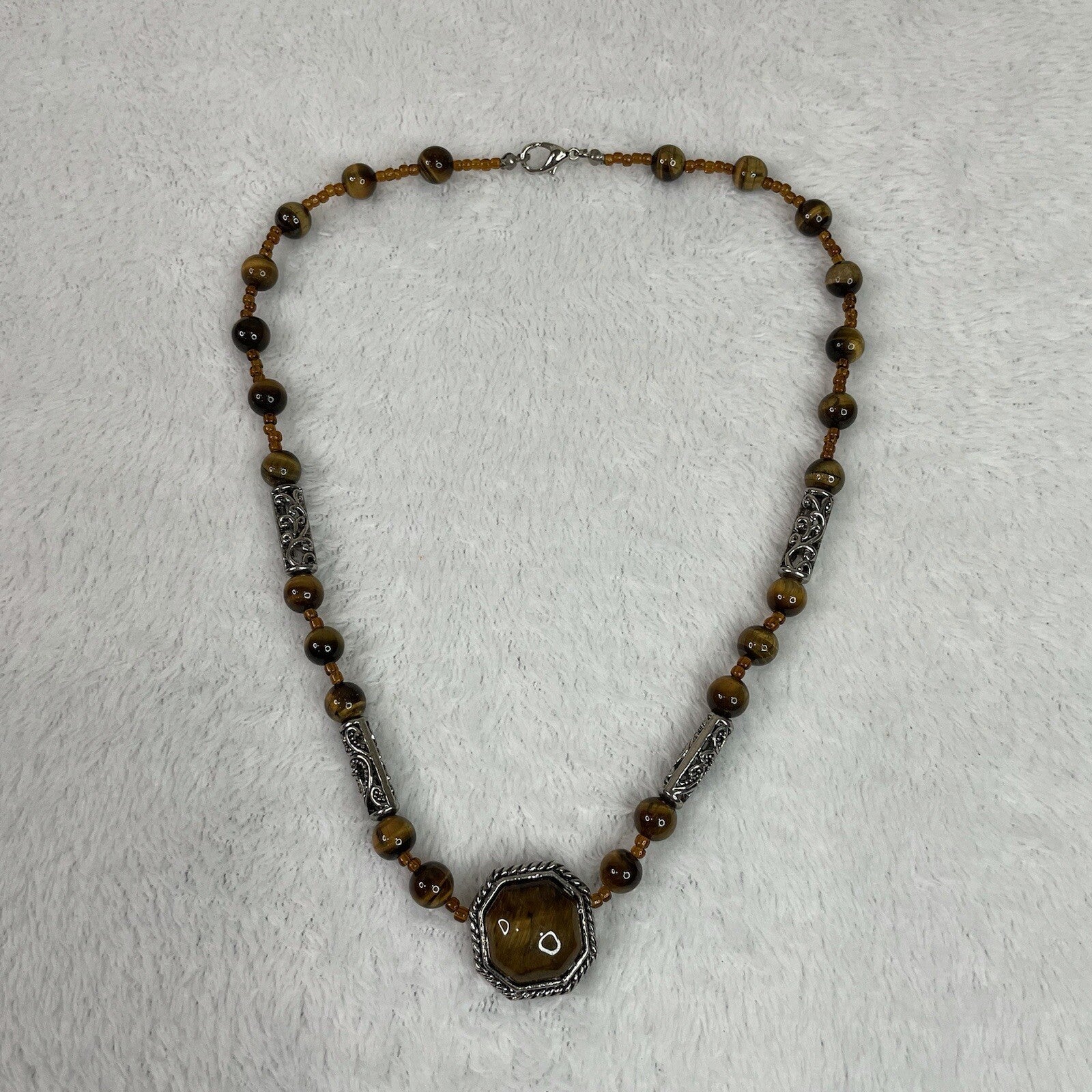 Women’s Fashion Jewelry Brown Beaded Gemstone Necklace w/Matching Earrings