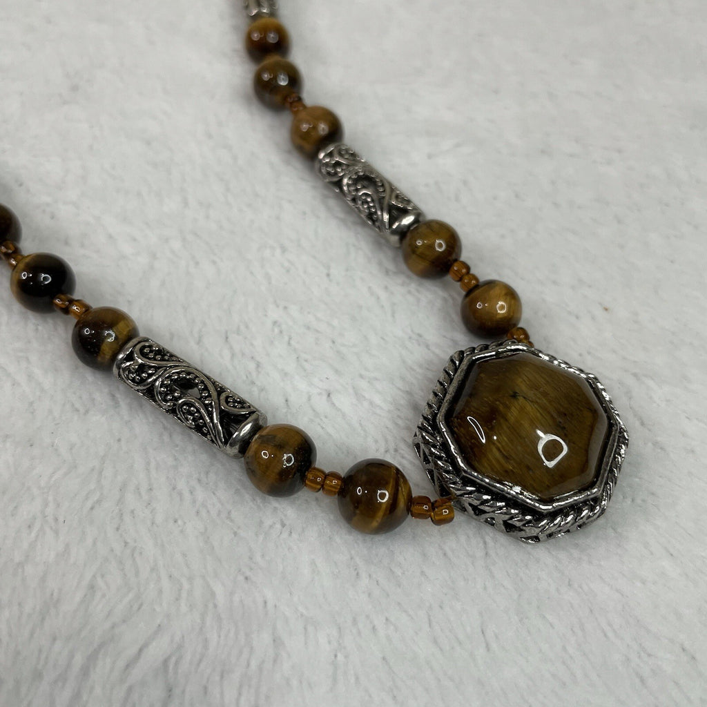 Women’s Fashion Jewelry Brown Beaded Gemstone Necklace w/Matching Earrings
