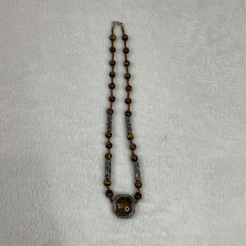 Women’s Fashion Jewelry Brown Beaded Gemstone Necklace w/Matching Earrings