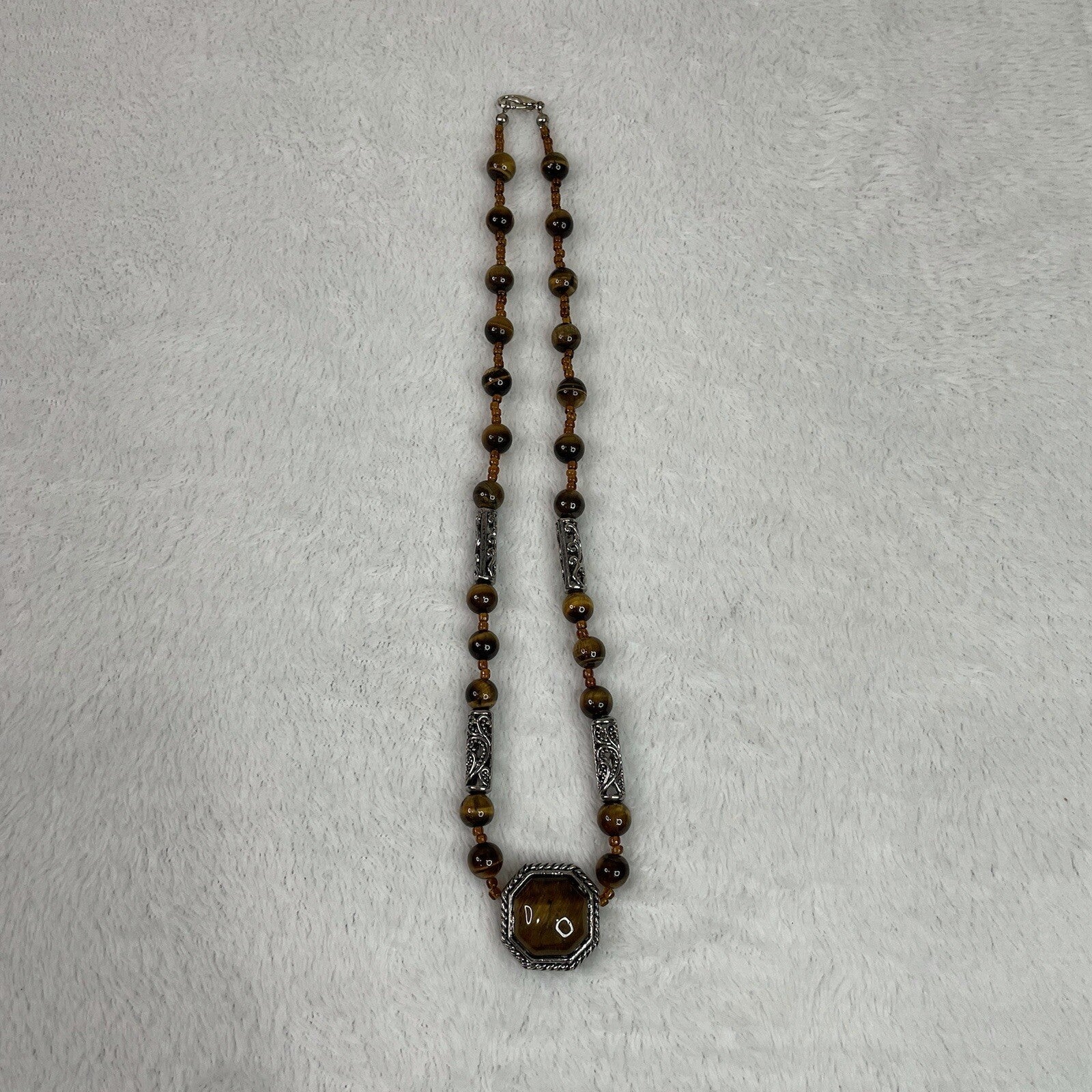 Women’s Fashion Jewelry Brown Beaded Gemstone Necklace w/Matching Earrings