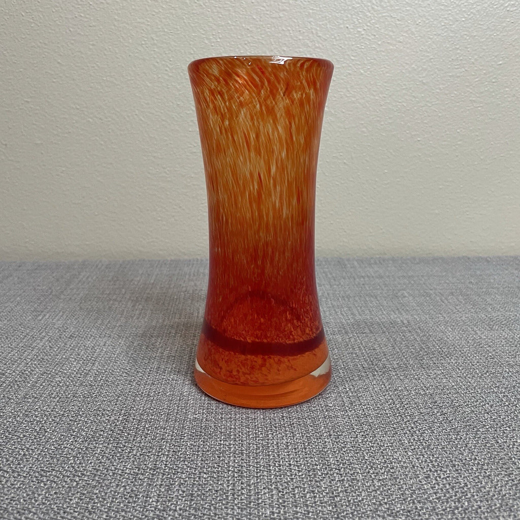 Small Decorative Art Blown Glass Orange Tall Vase Holder Round Base