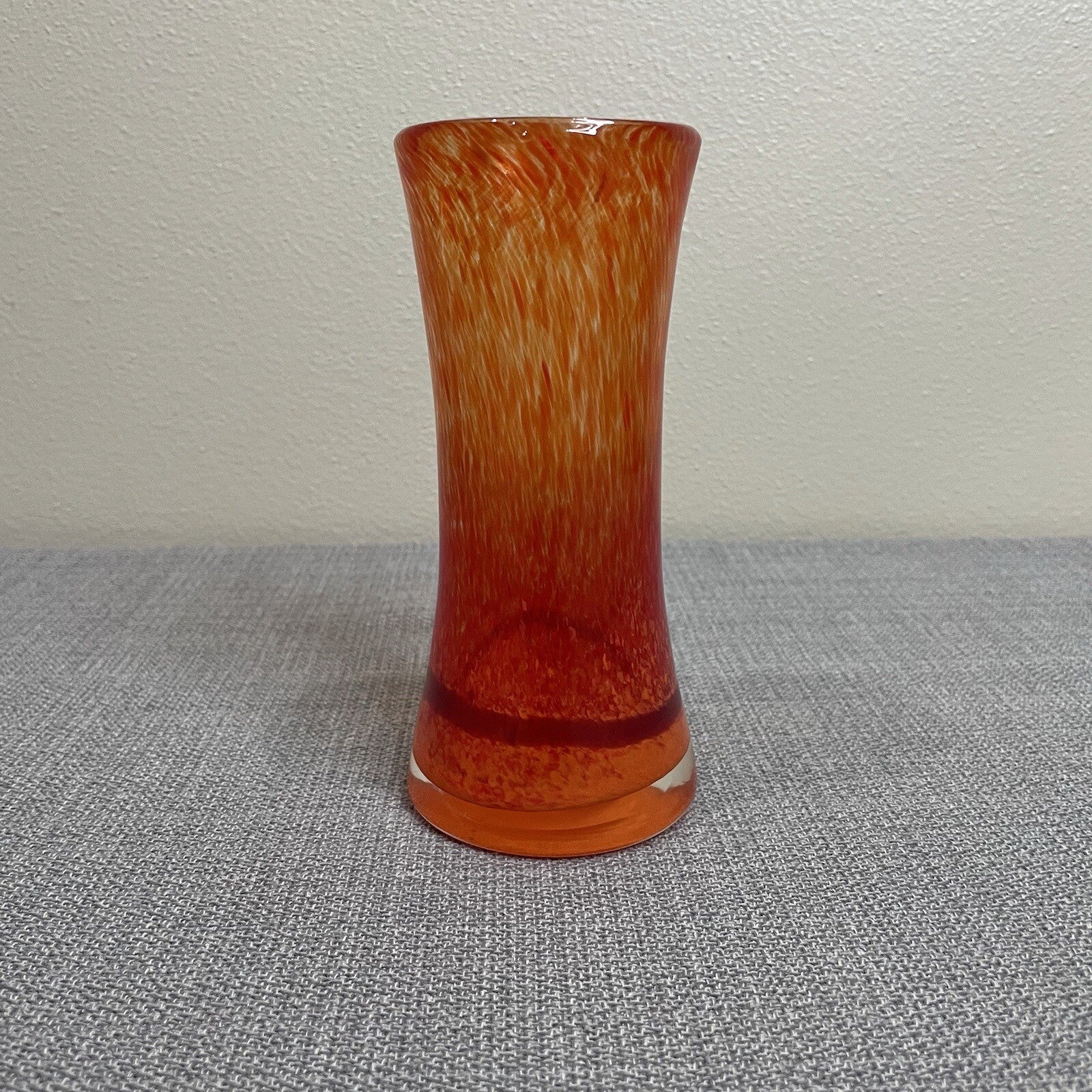 Small Decorative Art Blown Glass Orange Tall Vase Holder Round Base