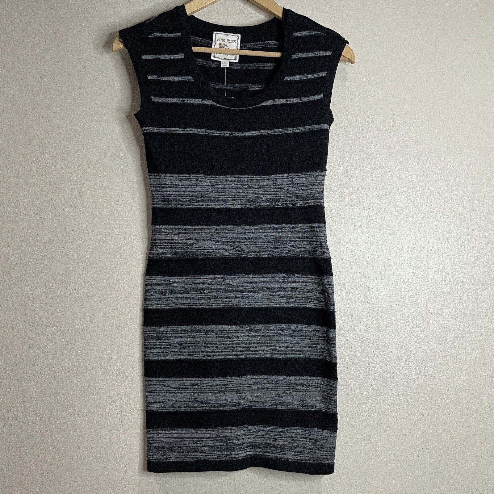 NWT Pink Rose Women's Size Small Black Gray Striped Sleeveless Mini Dress