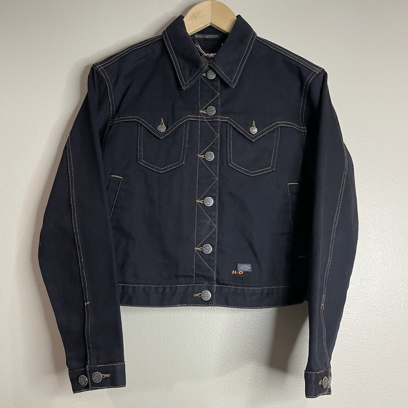 Harley-Davidson Women's Size Small Black Denim Cropped Button Up Jacket