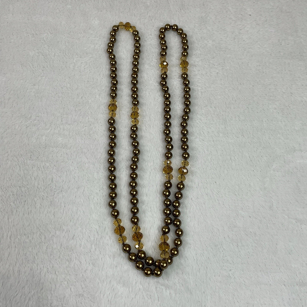 Women’s Fashion Jewelry Gold Tone & Amber Beaded Long Necklace w/Earrings